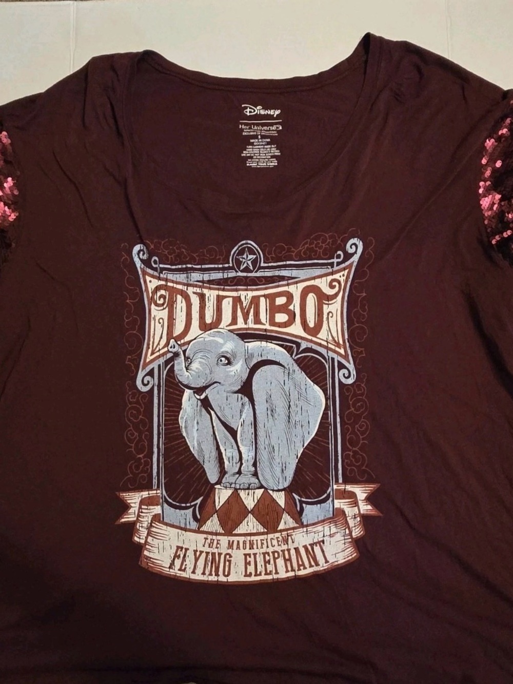Her Universe Dumbo Graphic Tee in Dark Brown with Light Blue and Tan Print